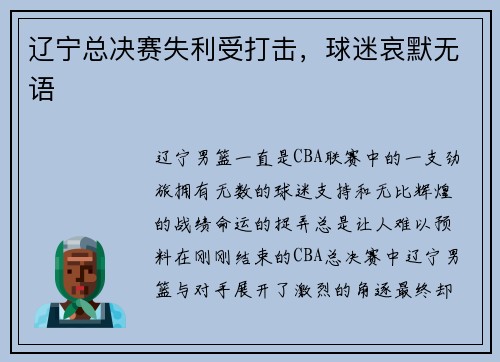 辽宁总决赛失利受打击，球迷哀默无语
